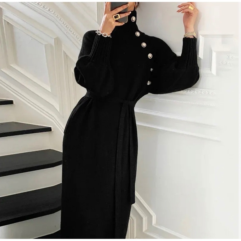 Black Turtleneck Knit Sweater Dress Gold Button Lantern Sleeve Belted Small Midi - Picture 6 of 11